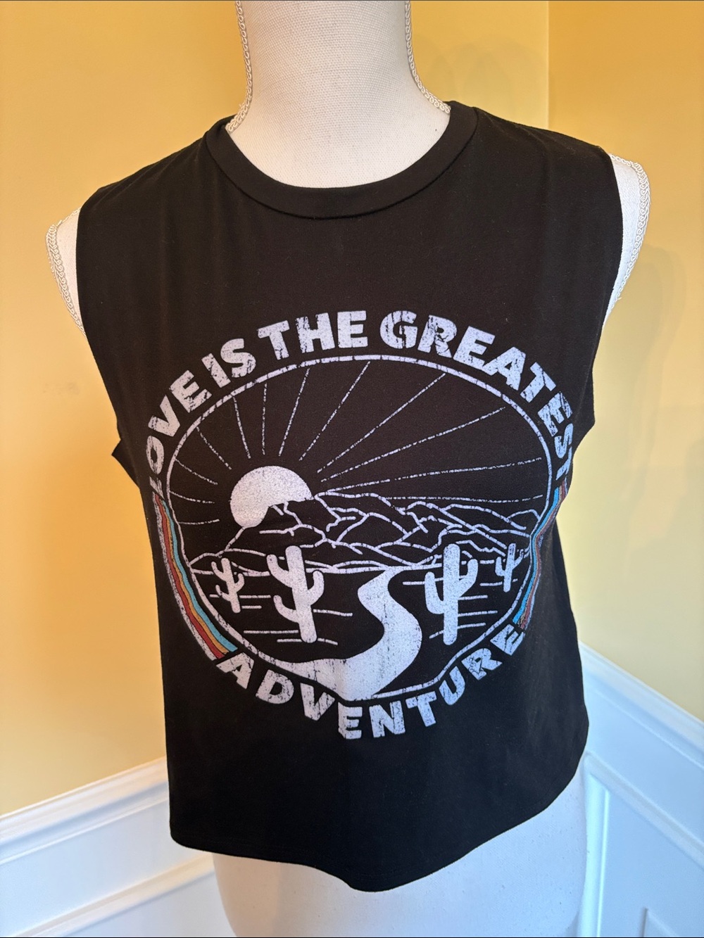 good hYOUman Black Cropped Graphic Tank with Desert Scene and Rainbow Accents